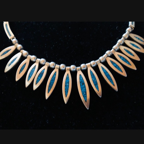 Vintage Sterling Silver Crush Turquoise Collar Choker Necklace. - Picture 7 of 7